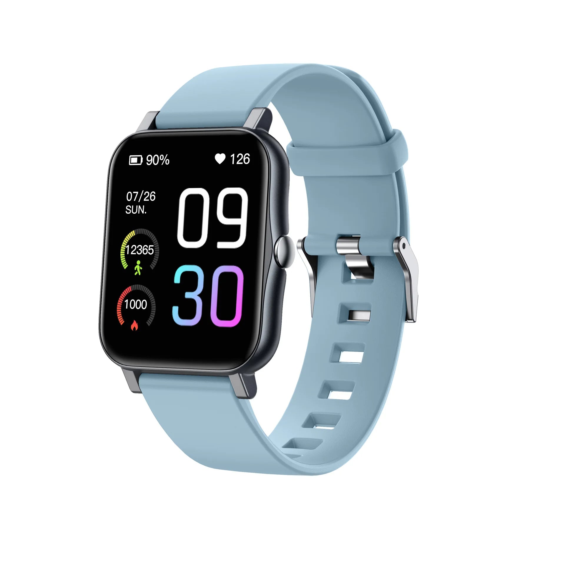 Qnixwatch Smartwatch with a light blue strap on a white background