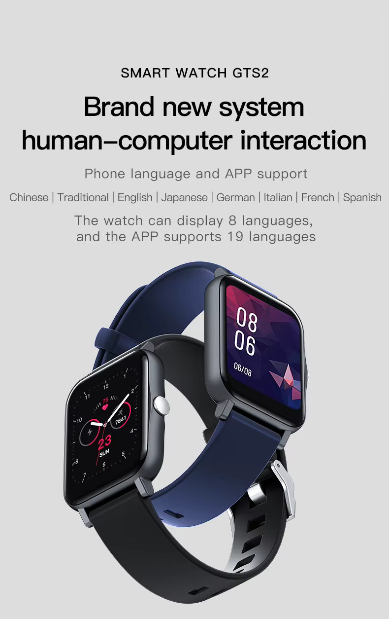 Qnixwatch Smartwatch with text about language support on a gray background