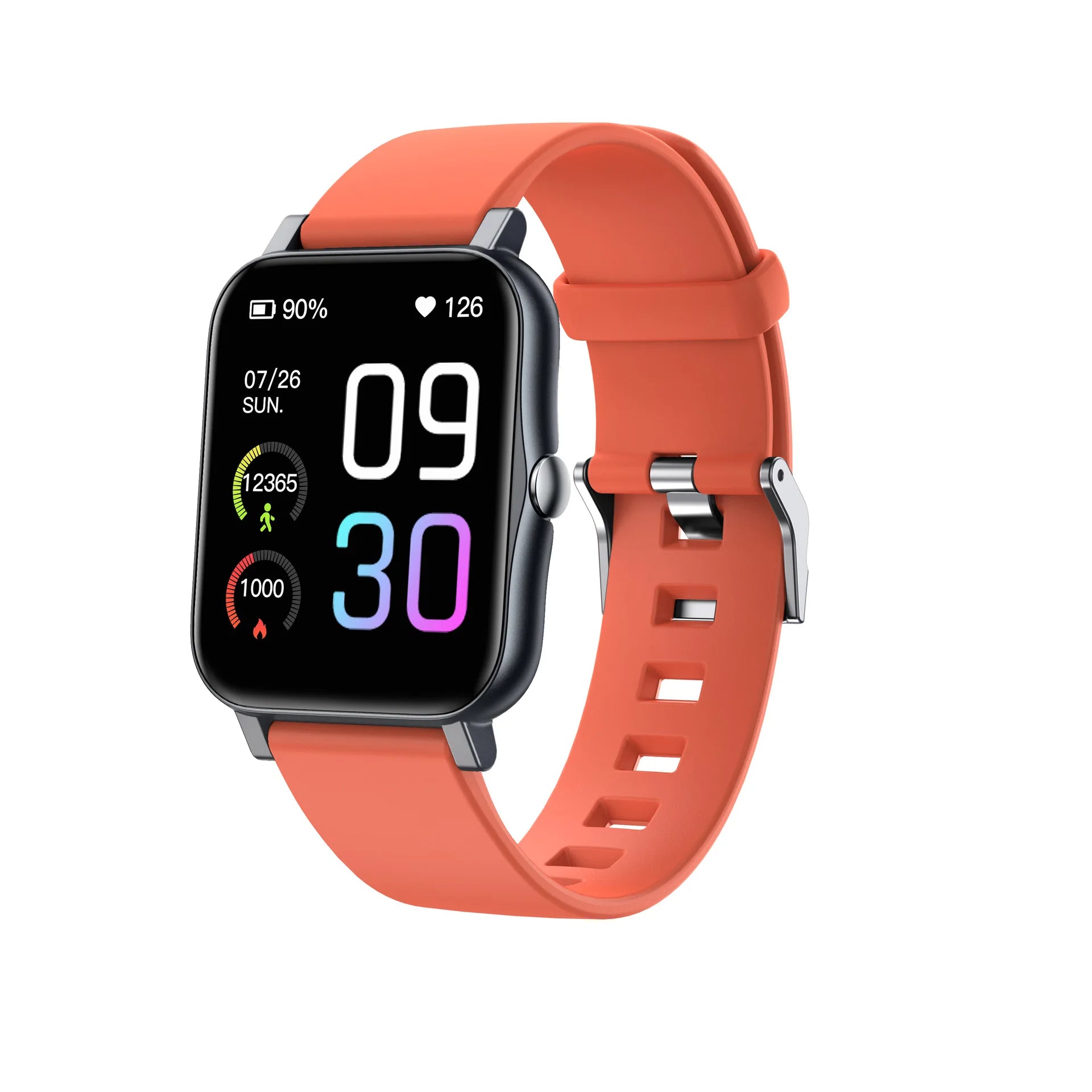 Qnixwatch Smartwatch with an orange band on a white background