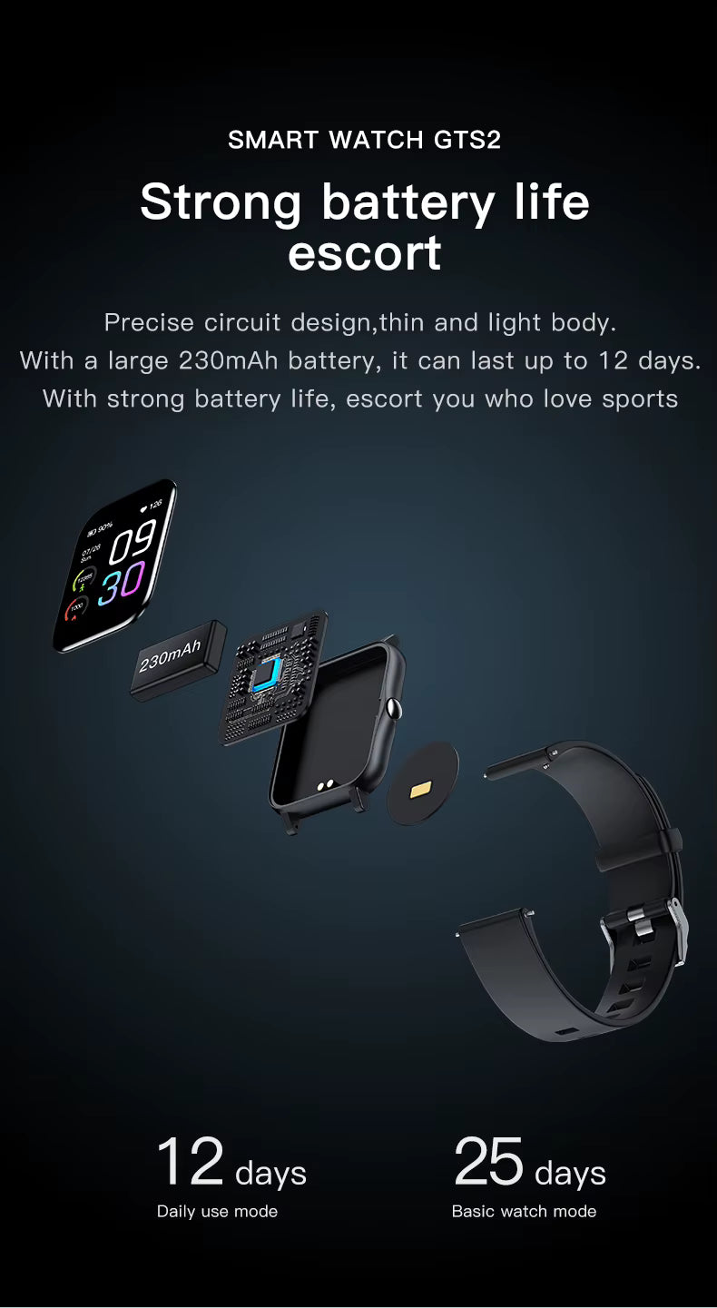 Qnixwatch Smartwatch with battery life features on a dark background