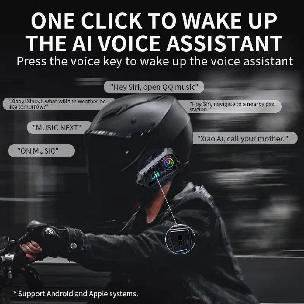 Person wearing a helmet with an AI voice assistant RiderZest Motorcycle Headset, showing text interactions.