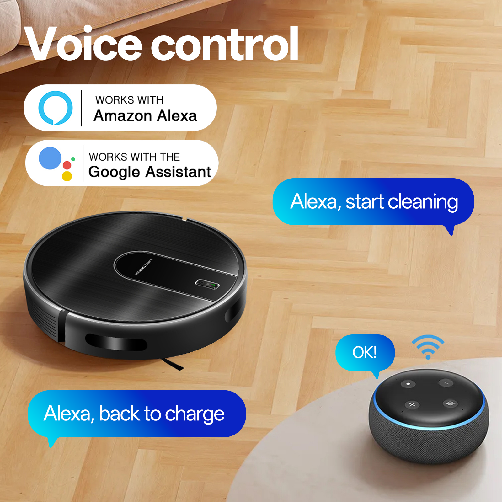 Robotus Robot Vacuum with voice control features on a wooden floor.