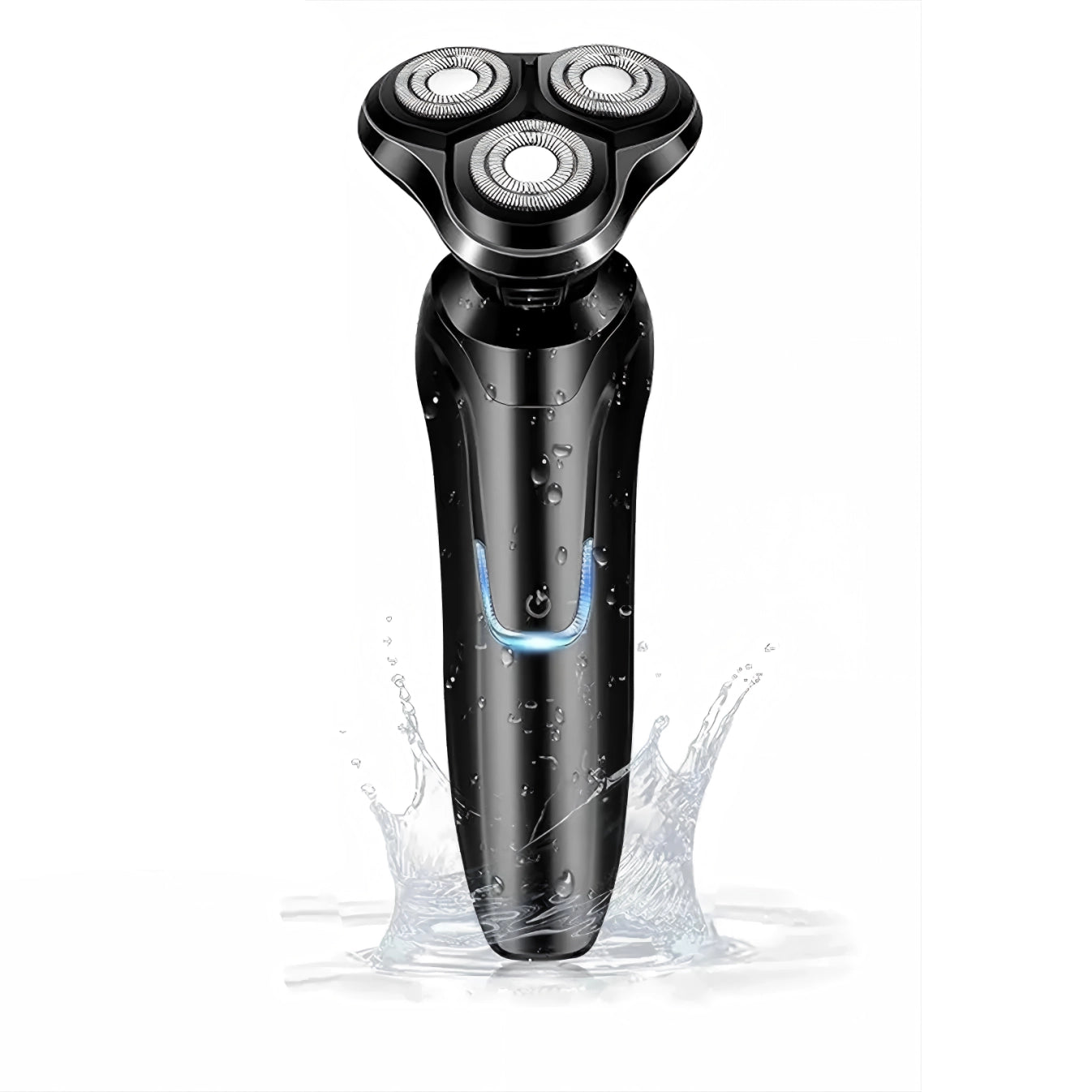 Black Sekoda Electric Shaver with water splashes on a white background