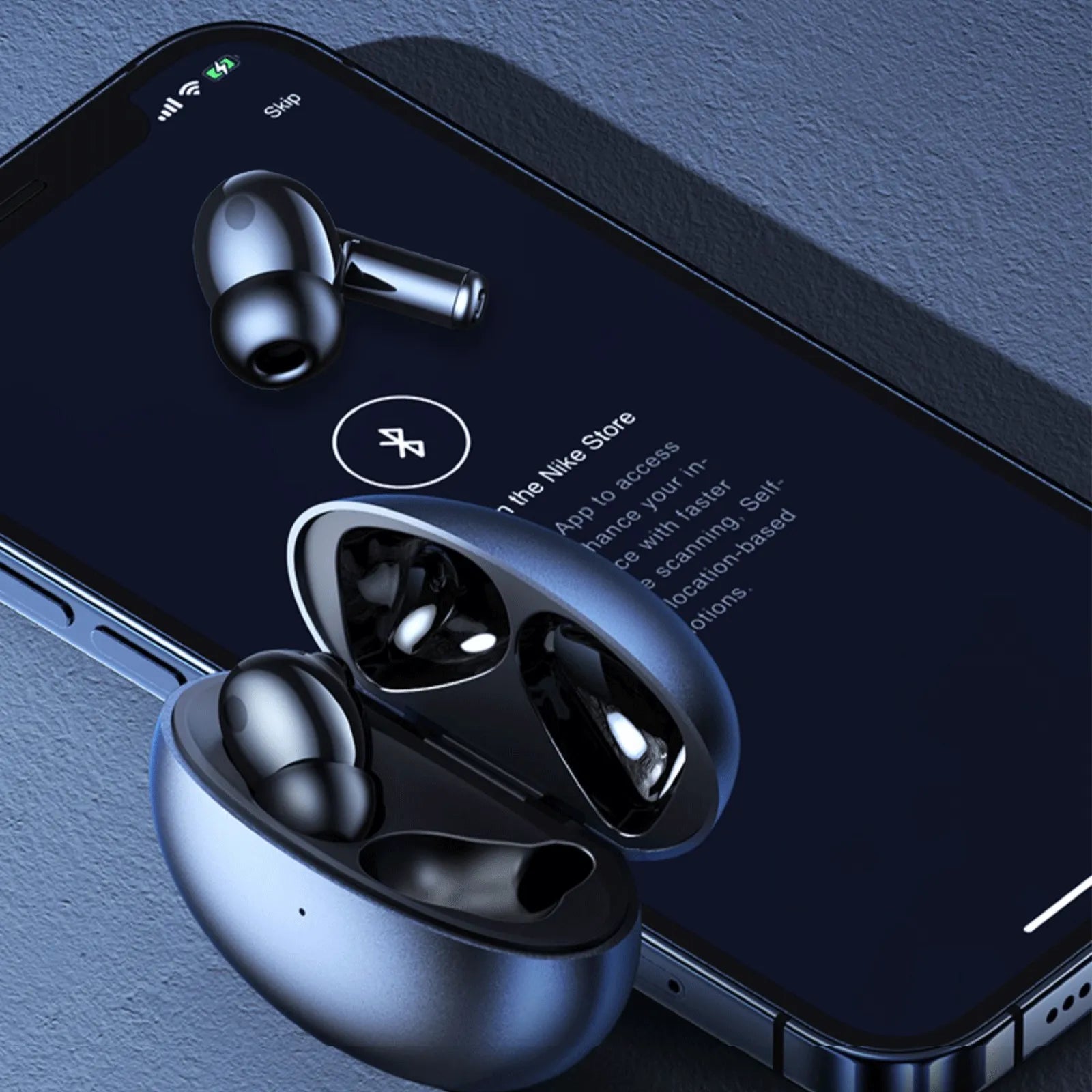 Sekoda Earbuds in charging case with smartphone displaying Bluetooth connection screen on a blue background