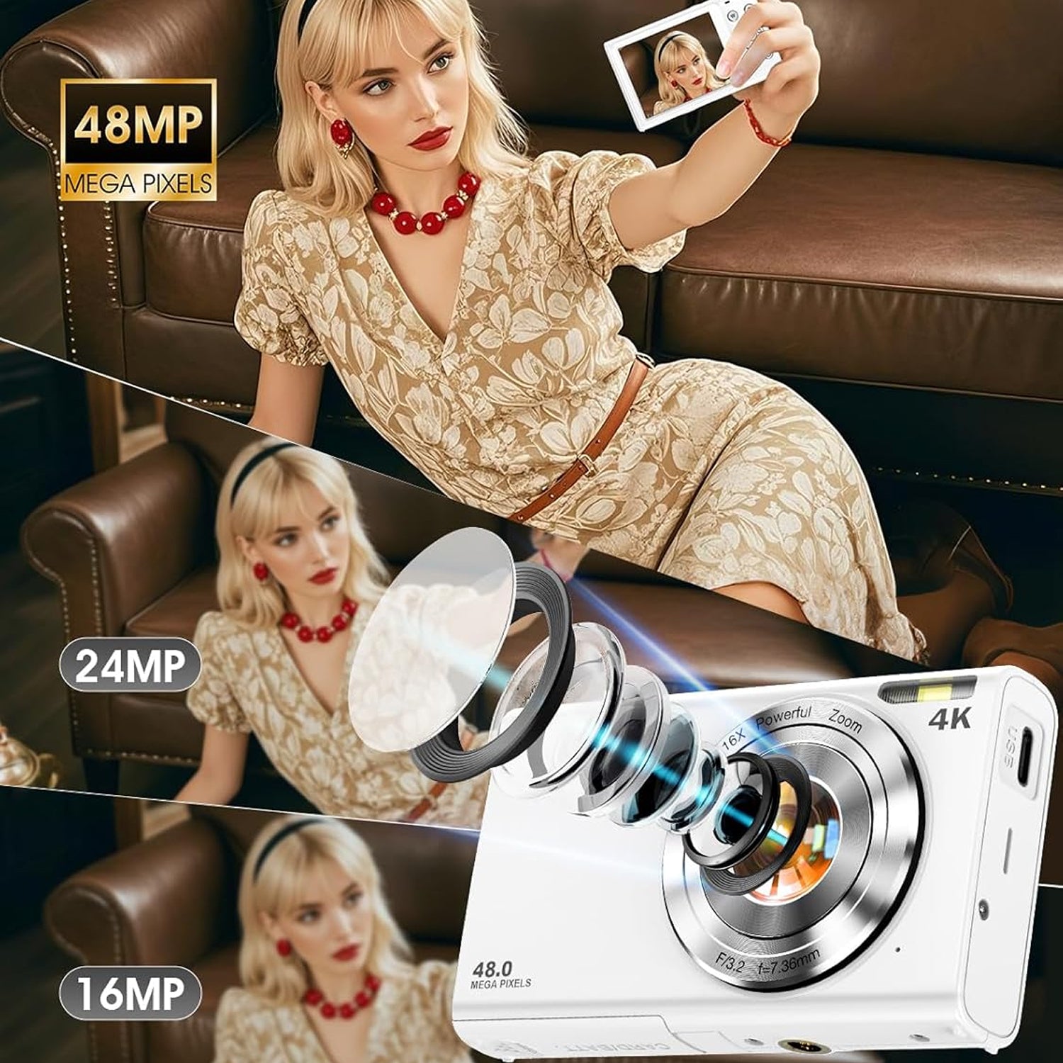 Woman taking a selfie with a ShotyReal Digital Camera, showing different megapixel counts.