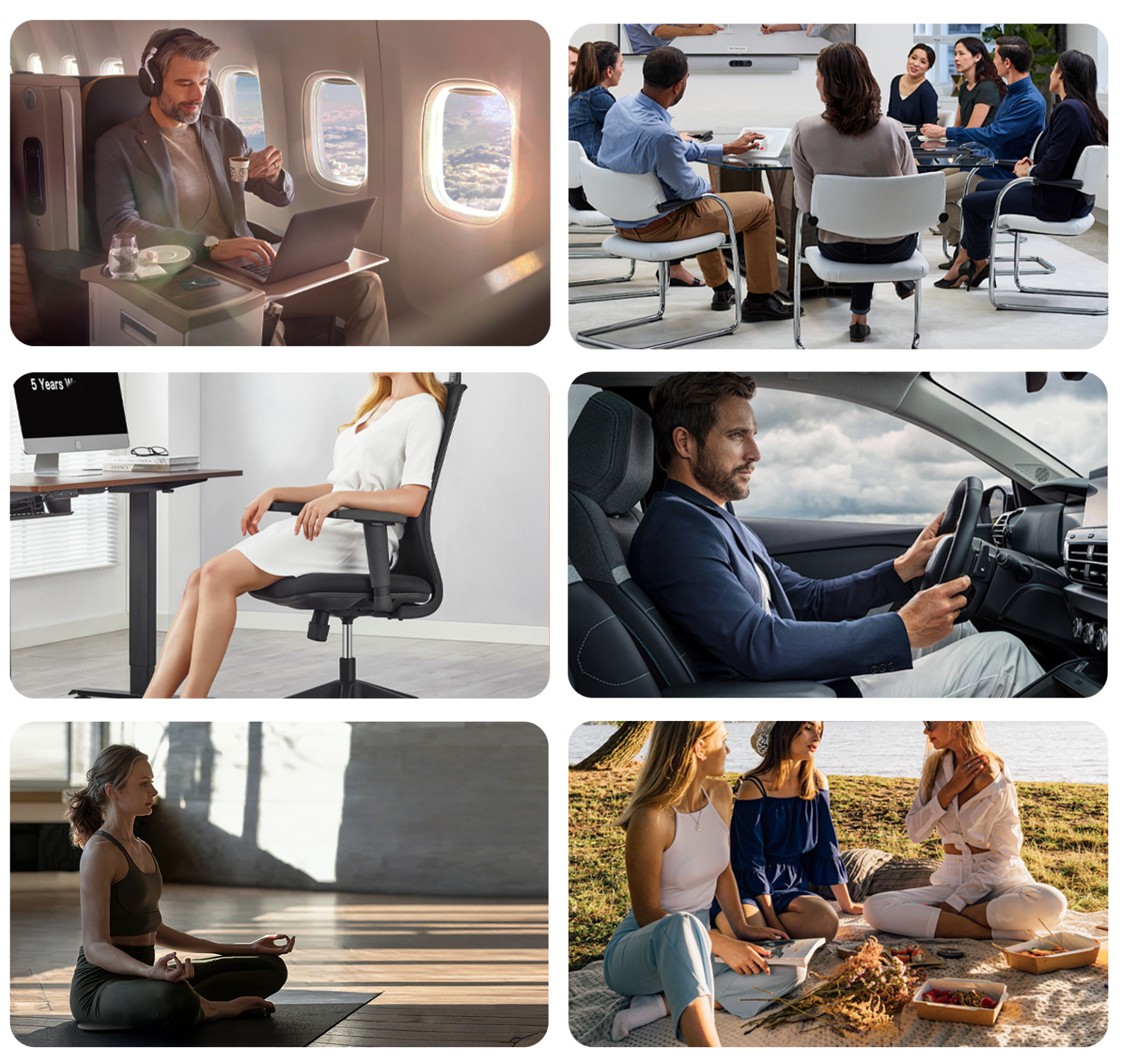 Collage of people in various settings including a car, office, and outdoor activities.