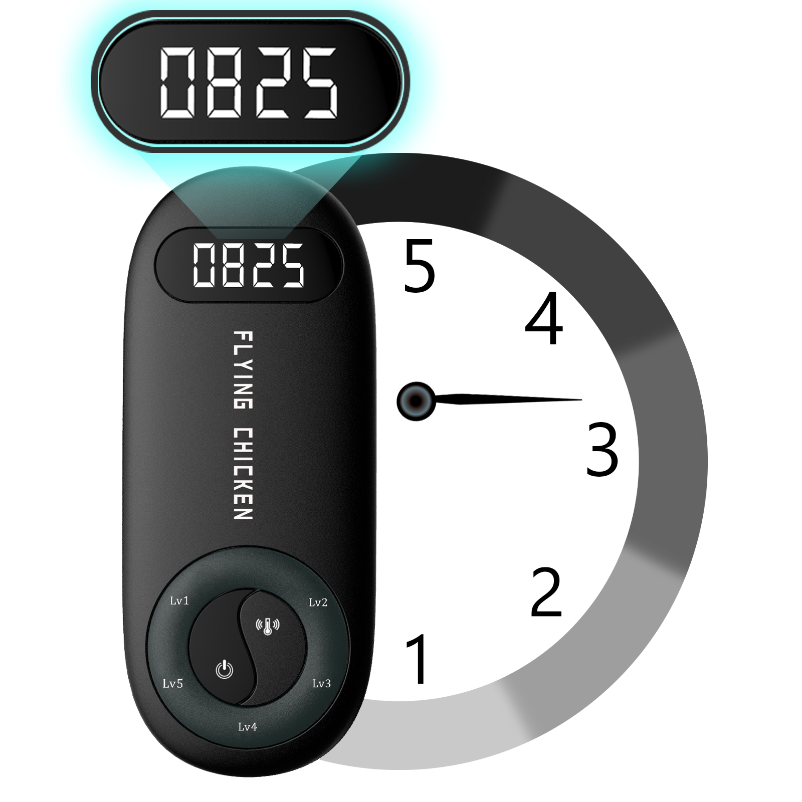 Black digital timer with a clock design on a white background