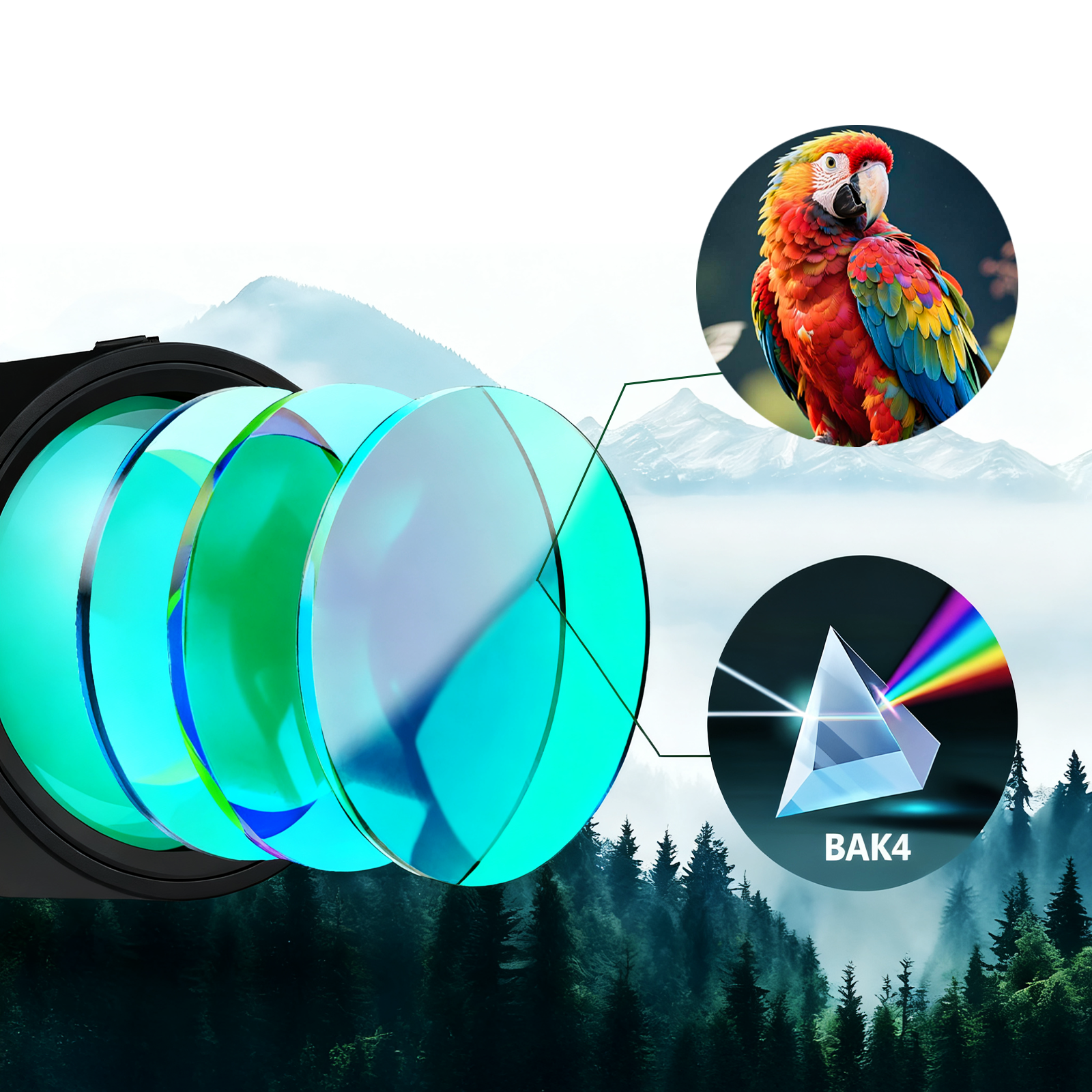Optical components with a parrot image and BAK4 prism icon on a scenic background