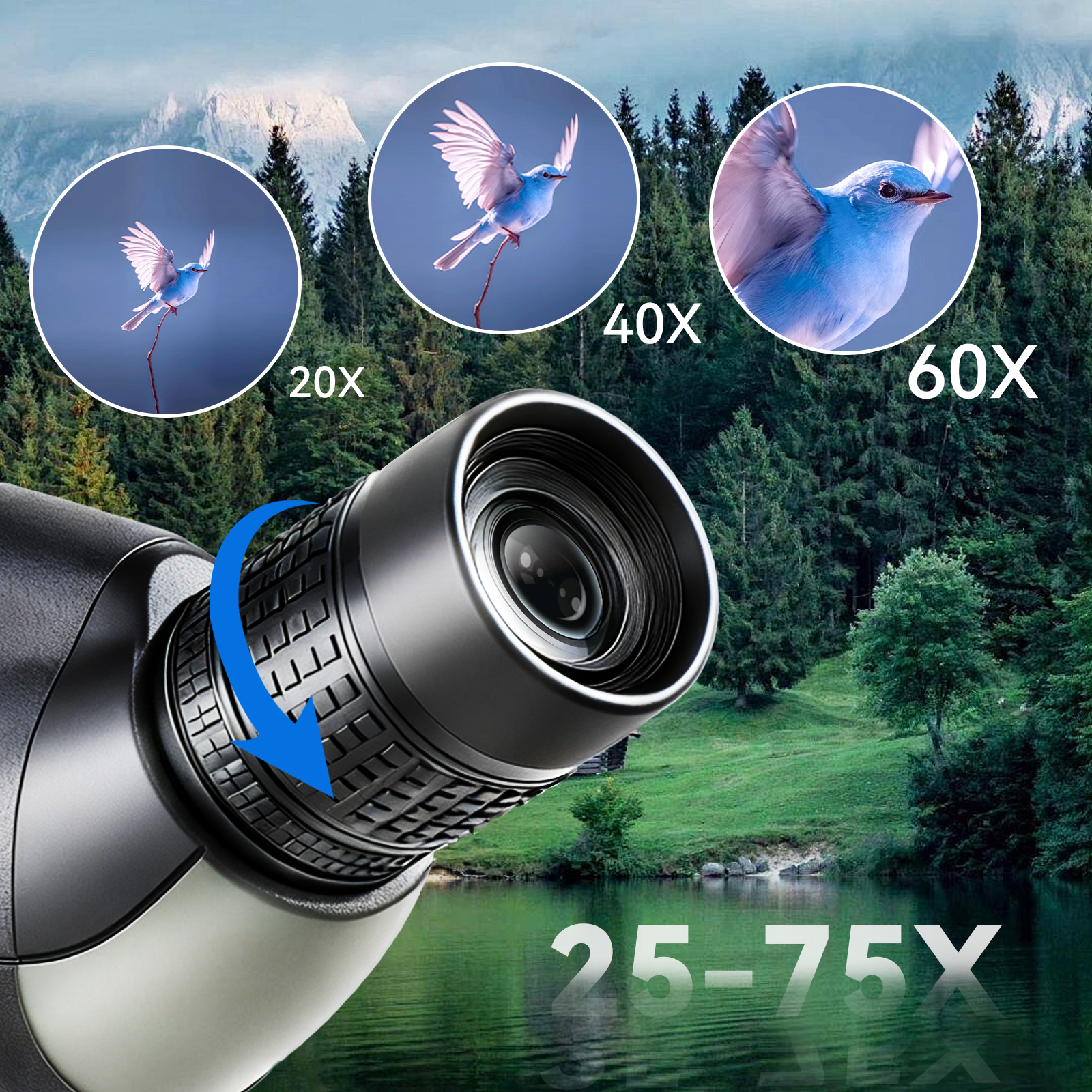 Sonora spotting scope with magnification options over a scenic background of trees and mountains.
