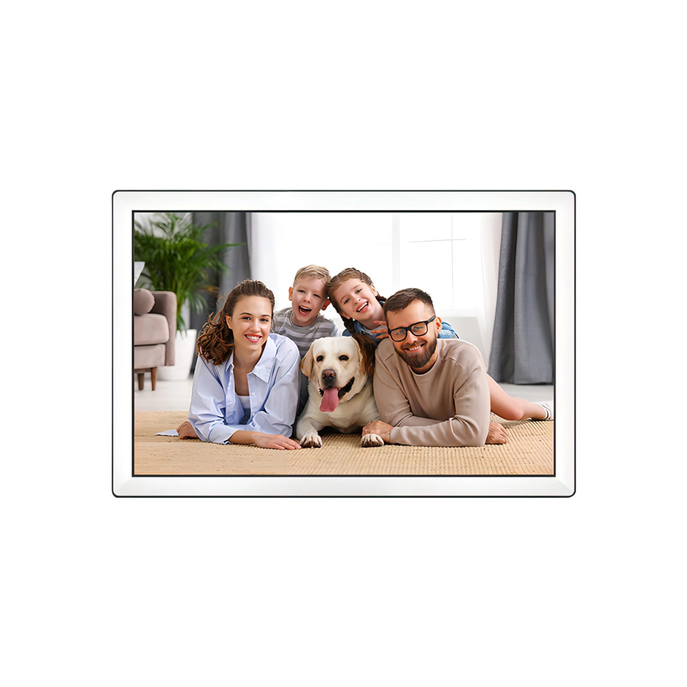 Trovoro Digital Photo Frame displaying a family with a dog in a living room setting.