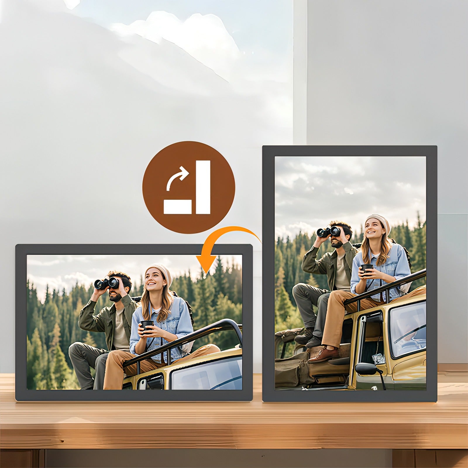 Two Trovoro Digital Photo Frame of a couple in a car with mountains in the background, one showing a smoking icon.