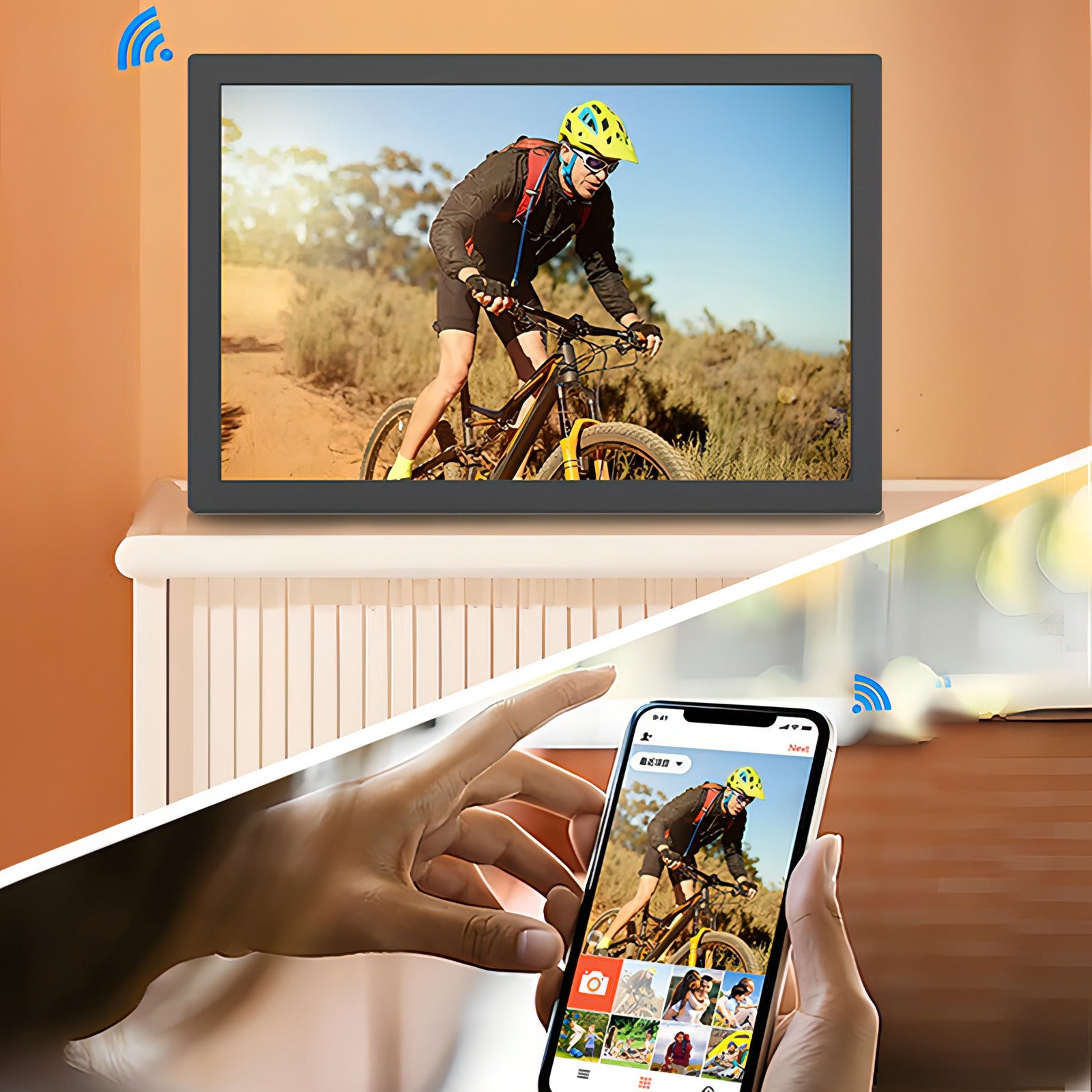 Trovoro Digital Photo Frame displaying a cyclist on a screen, with a hand holding a smartphone showing the same image.