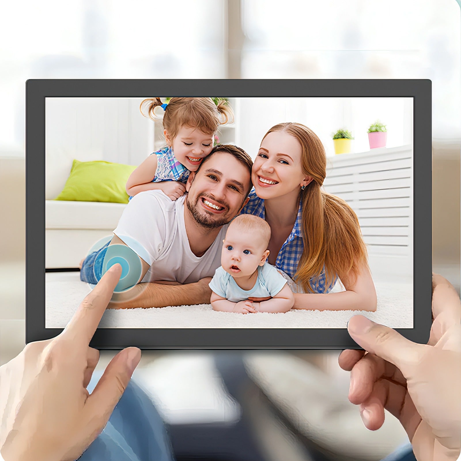 Trovoro Digital Photo Frame displaying a family photo with a person interacting with it.