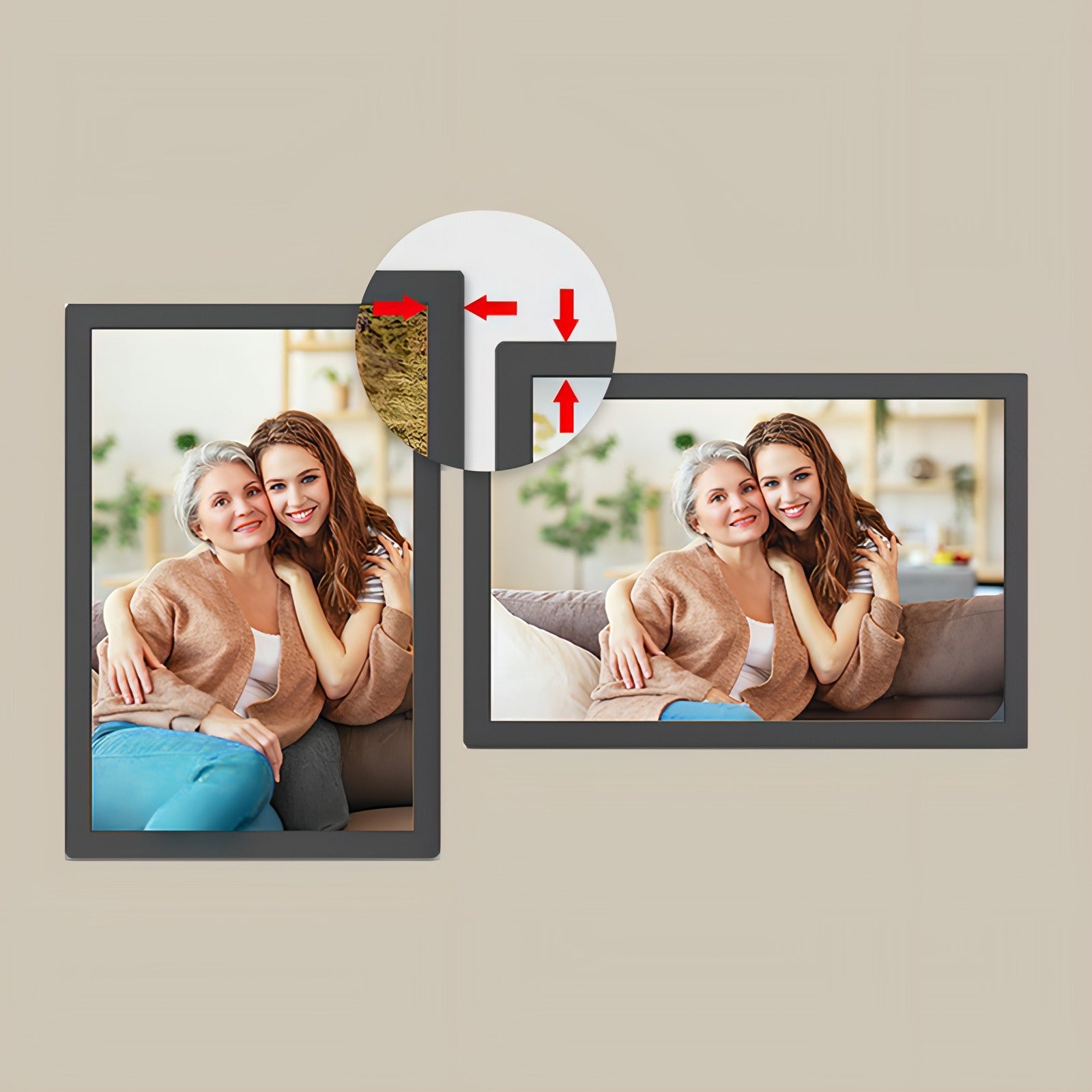 Two wall-mounted Trovoro Digital Photo Frame showing a woman and a child, with a focus on the frames' design and ease of installation.