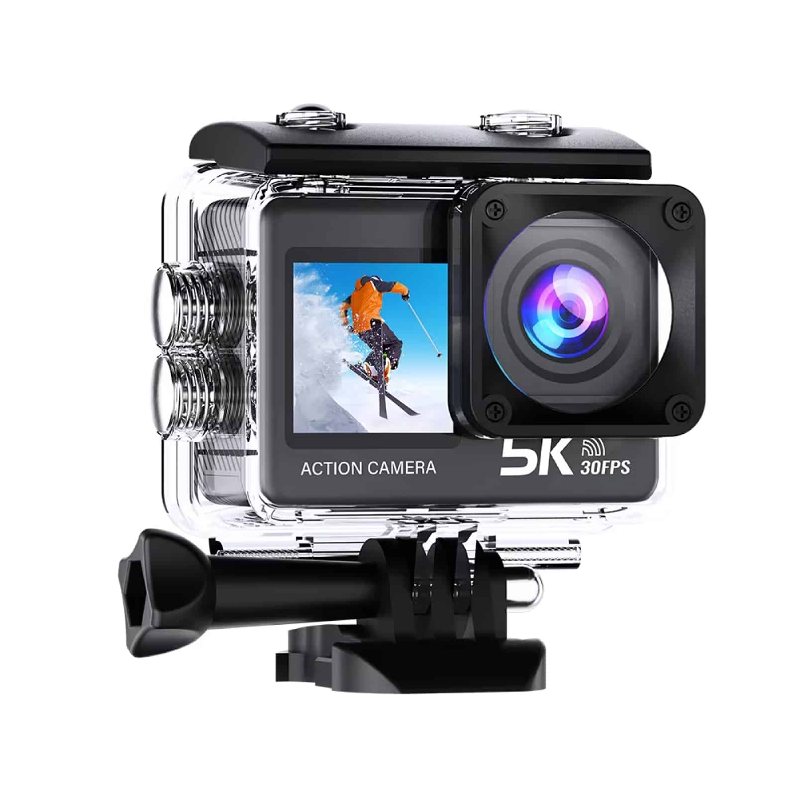 ZinoxCam Action Camera with screen displaying a skier, on a white background