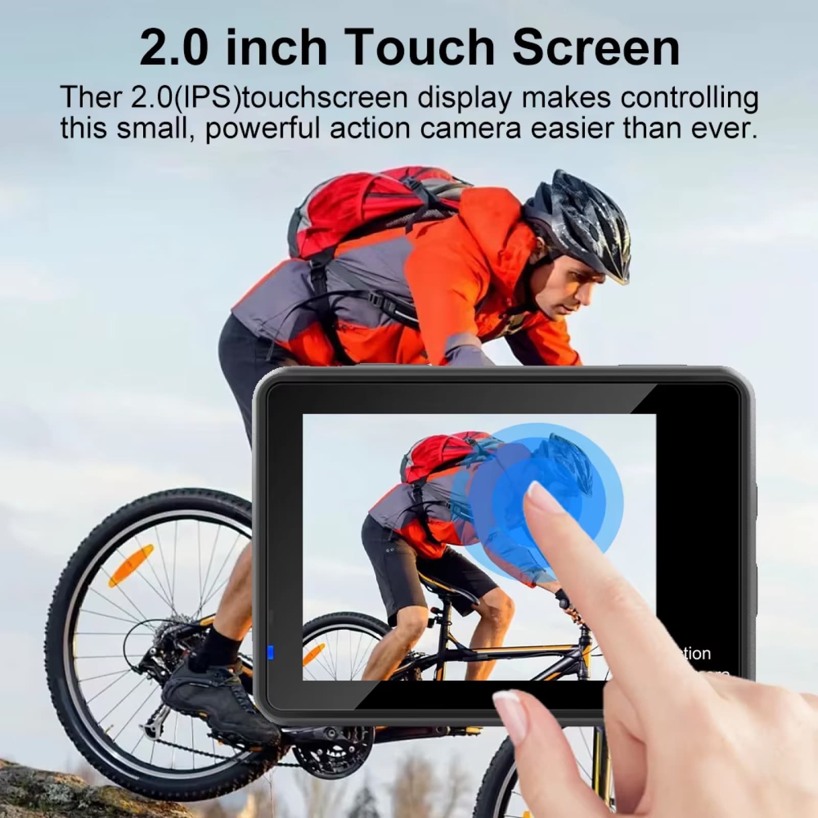 ZinoxCam Action Camera with 2.0-inch touchscreen display being used by a person on a bike.