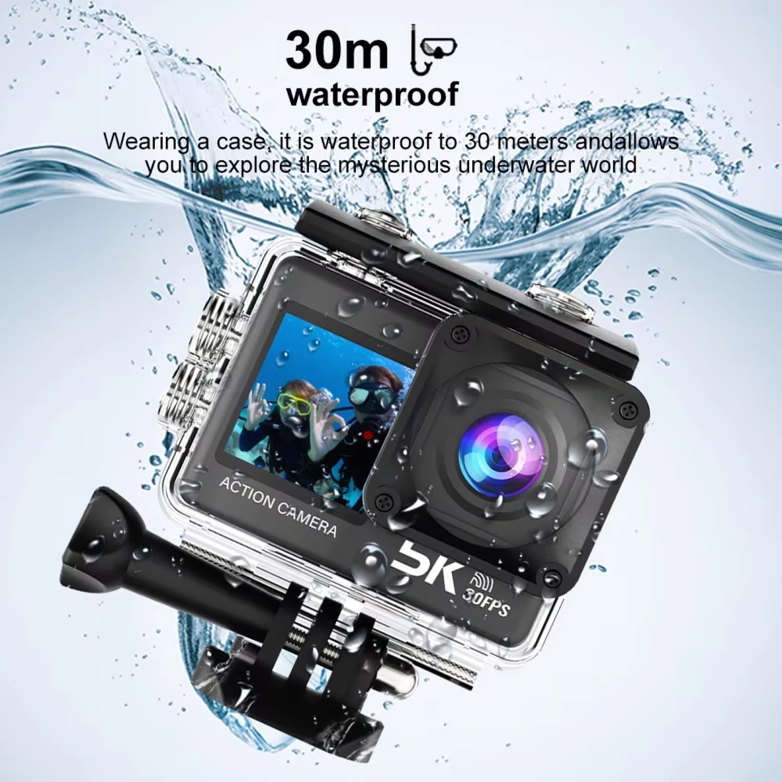 ZinoxCam with waterproof feature, displayed against a water-themed background.