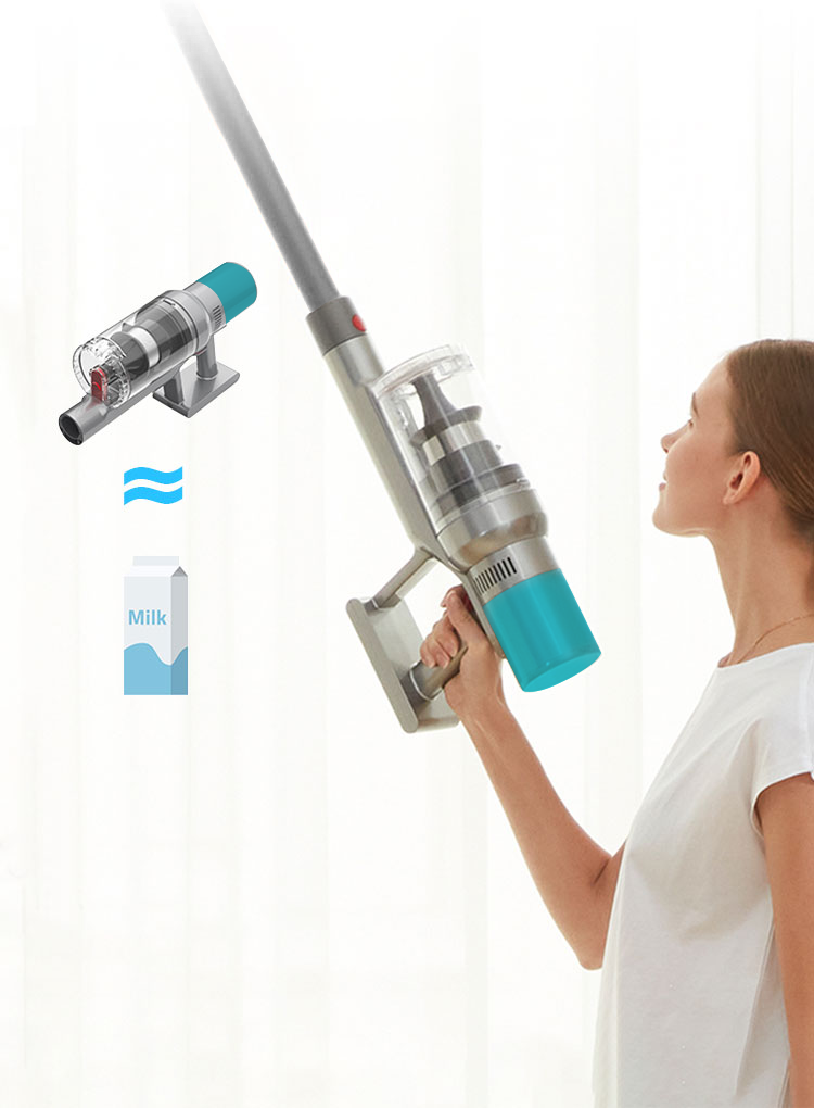 Person holding a StarPod Vacuum cleaner tool with a milk carton icon on a white background