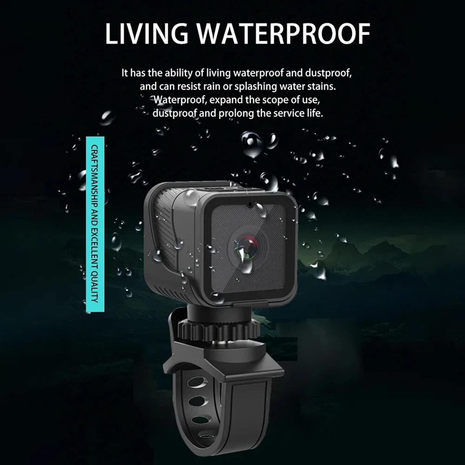 Waterproof action CyKamera with text highlighting its living waterproof feature on a dark background.