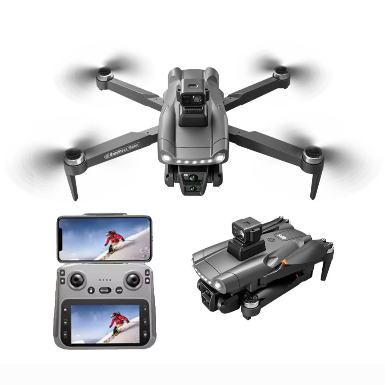 eonvy air+ pro max Drone, controller, and folded drone on a white background