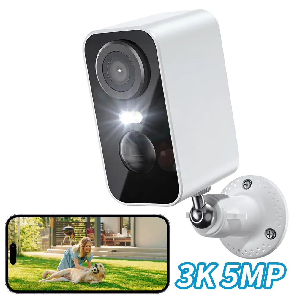 White Ocanvas Security Camera with smartphone display showing a person and dog in a garden, on a white background.