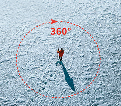 Person standing in a snowy landscape with a red circle and '360°' text, indicating a full view.