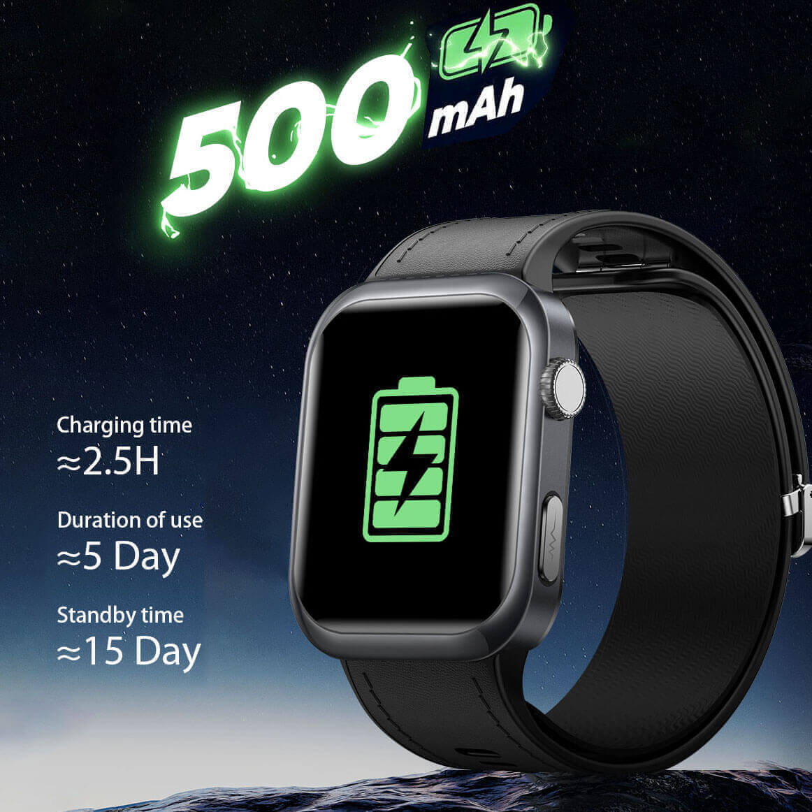 Aegis Dynamic-Oscillometric Smart Blood Pressure Watch with battery display and charging time information on a starry night background