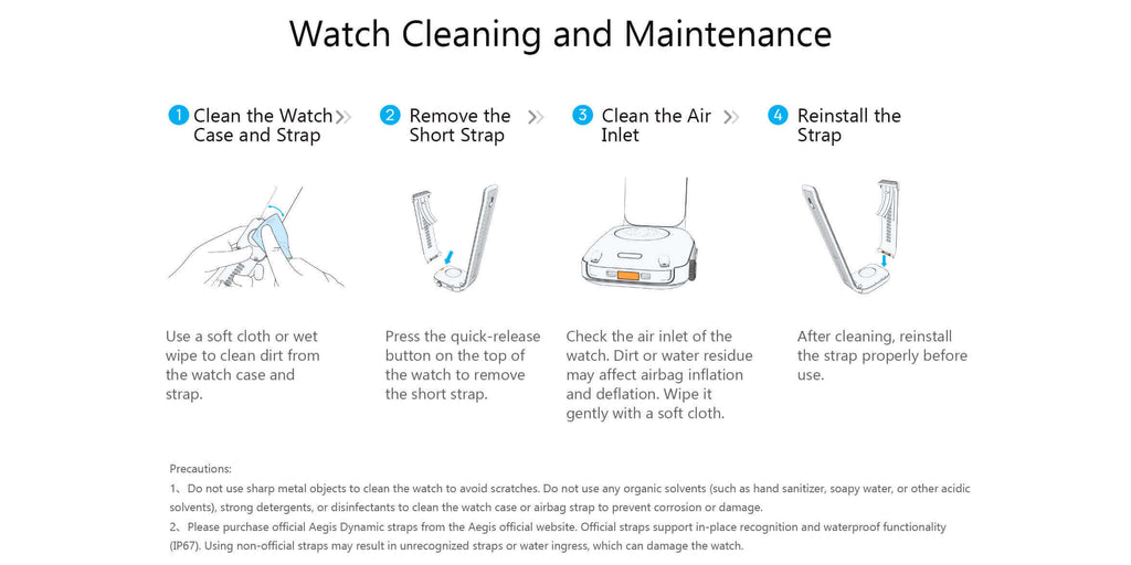 Instructions for Aegis Dynamic-Oscillometric Smart Blood Pressure Watch cleaning and maintenance on a white background