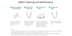 Instructions for Aegis Dynamic-Oscillometric Smart Blood Pressure Watch cleaning and maintenance on a white background