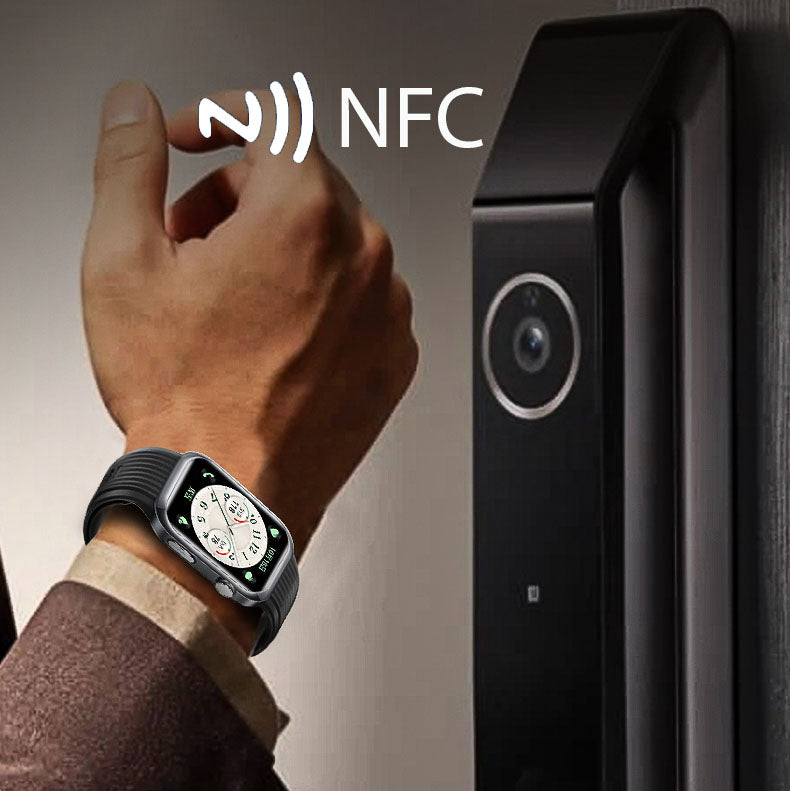Aegis Dynamic-Oscillometric Smart Blood Pressure Watch with NFC technology being used to unlock a door.
