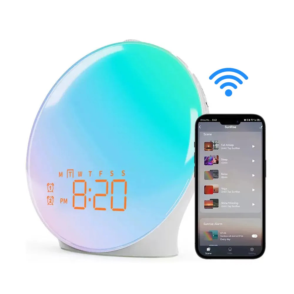 Aerivax Alarm Clock with colorful display and smartphone showing app interface on a white background