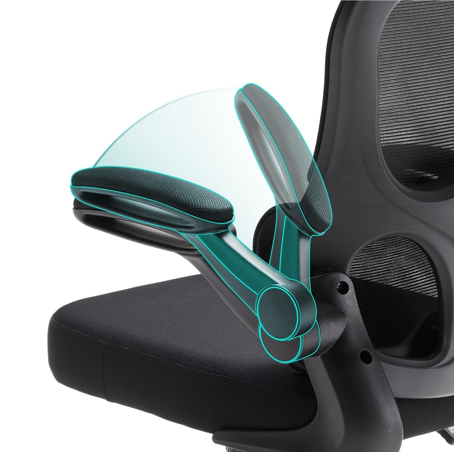 Close-up of a Aerivax Office Chair flip-up armrests and headrest on a white background