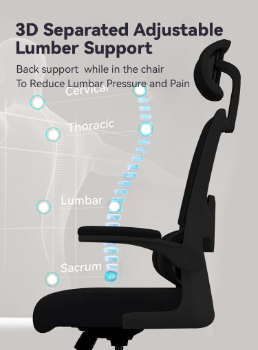 Silhouette of a Aerivax ergonomic office chair with highlighted spine segments and text about 3D separated adjustable lumber support.