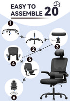 Step-by-step assembly guide for an office chair with a completed Aerivax ergonomic office chair at the end.