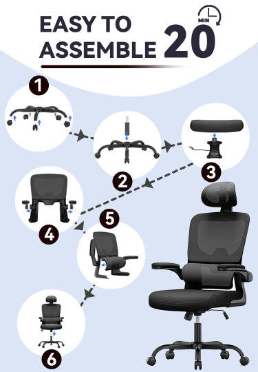 Step-by-step assembly guide for an office chair with a completed Aerivax ergonomic office chair at the end.