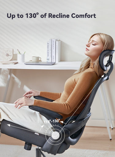 Woman using a massage Aerivax ergonomic office chair with text indicating recline comfort, in a home office setting.