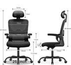 Black Aerivax ergonomic office chair with detailed measurements on a white background