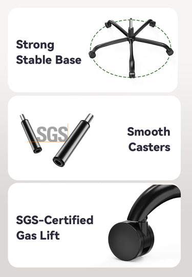 Features of a Aerivax ergonomic office chair with strong stable base, smooth casters, and SGS-certified gas lift.