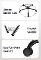 Features of a Aerivax ergonomic office chair with strong stable base, smooth casters, and SGS-certified gas lift.