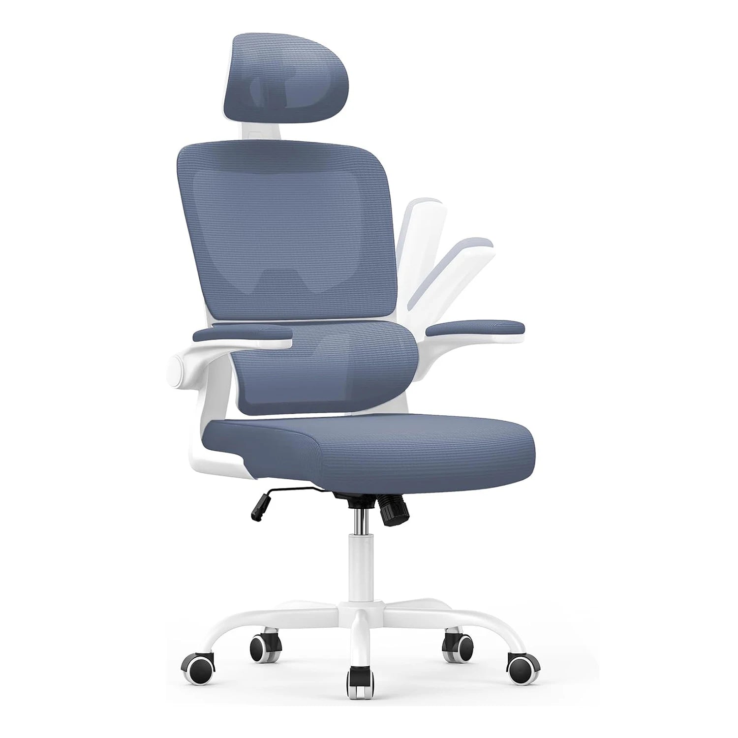 Blue Aerivax office chair with white frame on a white background