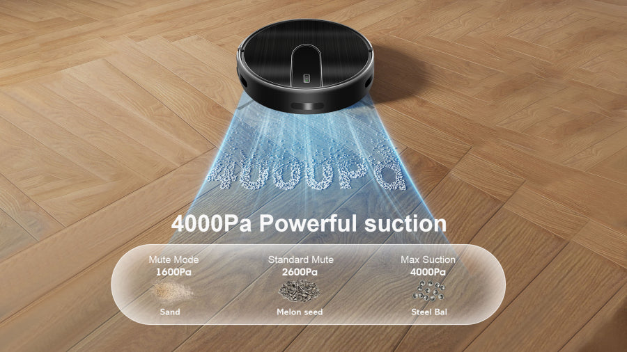 AeroBot N7S robot vacuum cleaner with 4000Pa suction on a wooden floor
