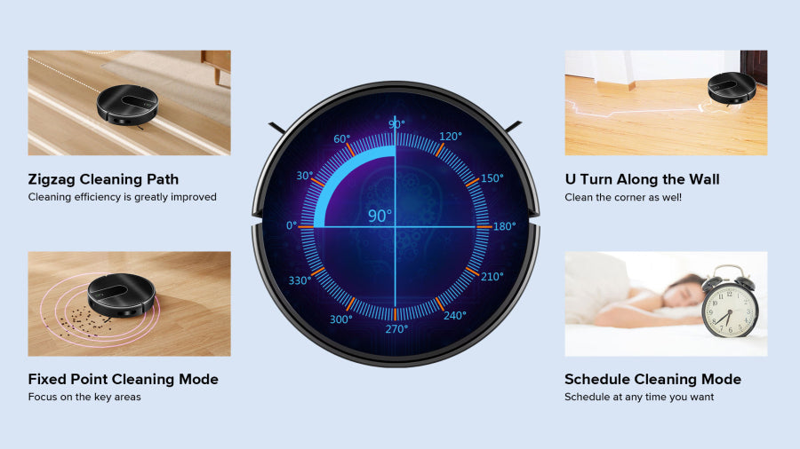 Robotic vacuum cleaner with features highlighted on a light blue background