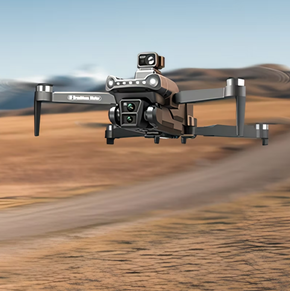 Aerudon Air+ GPS Drone flying over a desert landscape with mountains in the background