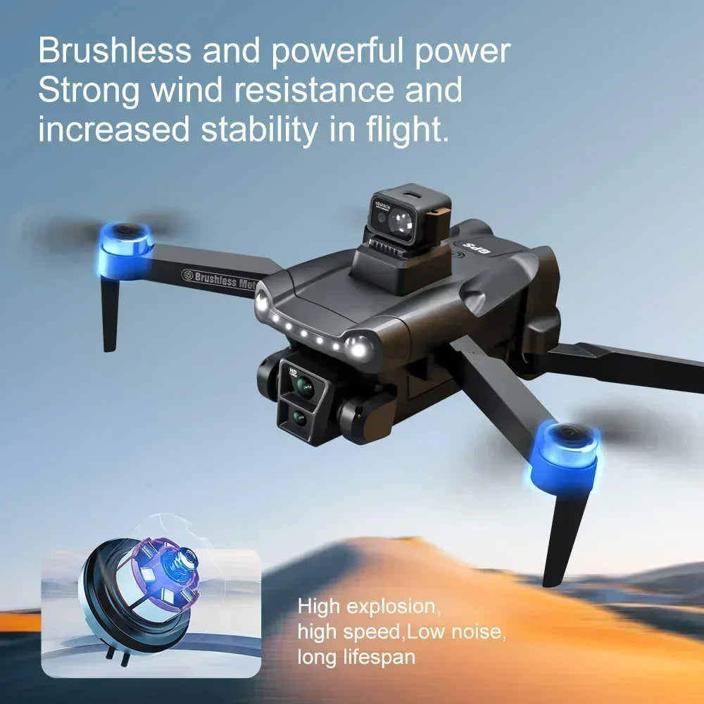 Black Aerudon Air+ GPS Drone with blue accents on a gradient background, featuring text about its features.
