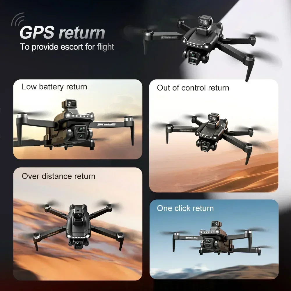 Collage of a Aerudon Air+ GPS Drone with various return features on a dark background