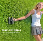 Woman lying on grass with Aetheros Binoculars, promoting a 'Short City Break' theme.