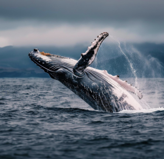 Humpback whale breaching out of the water with a dark, cloudy sky in the background.