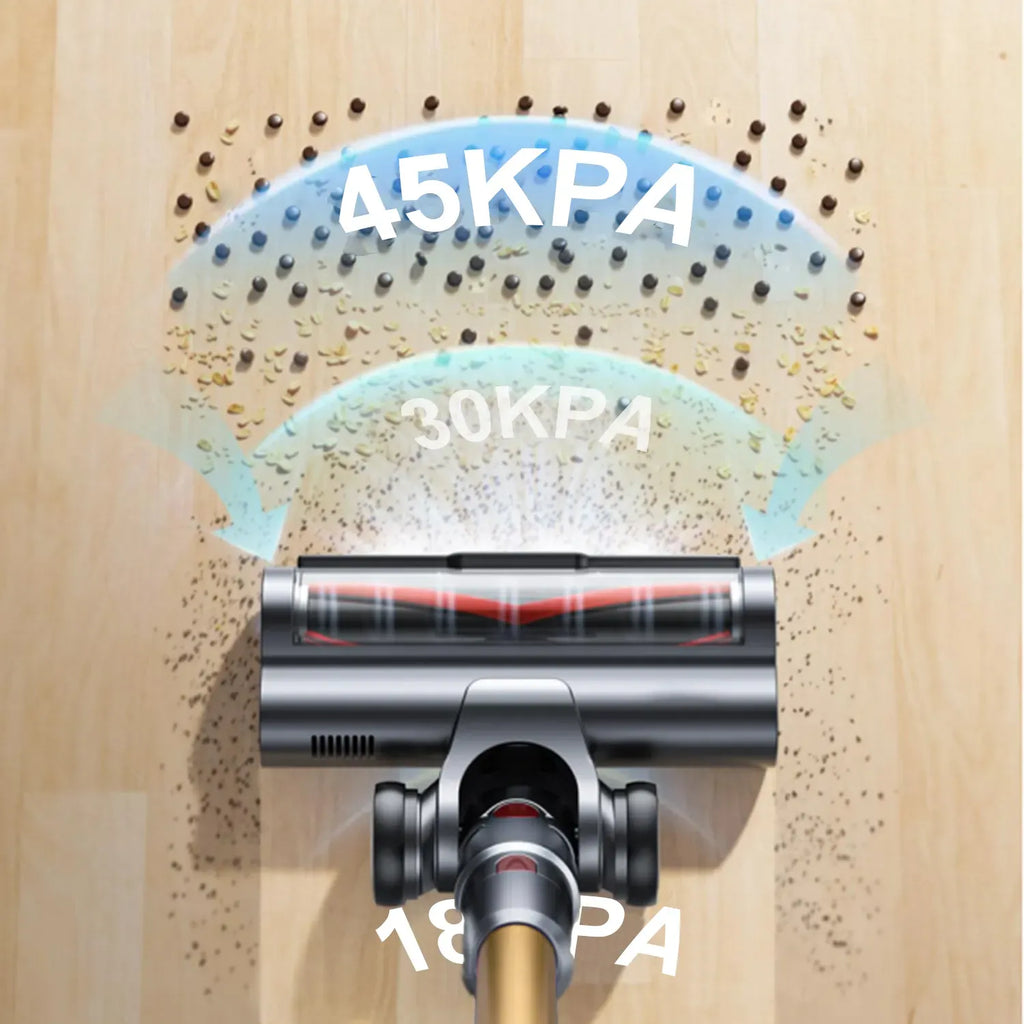 Aetheros Cordless Vacuum cleaner head with pressure indicators on a wooden floor