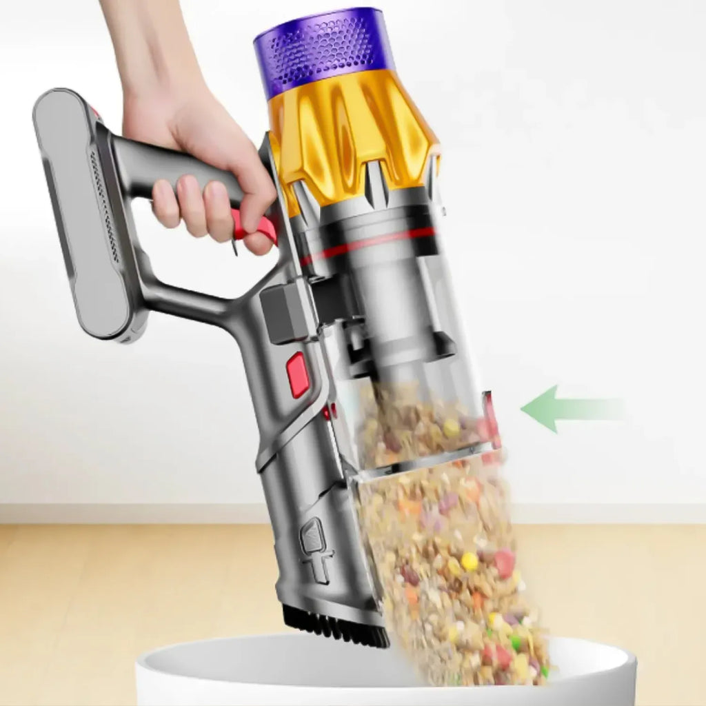 Handheld Aetheros Cordless Vacuum pet food from a bowl with a clear chamber showing collected debris.