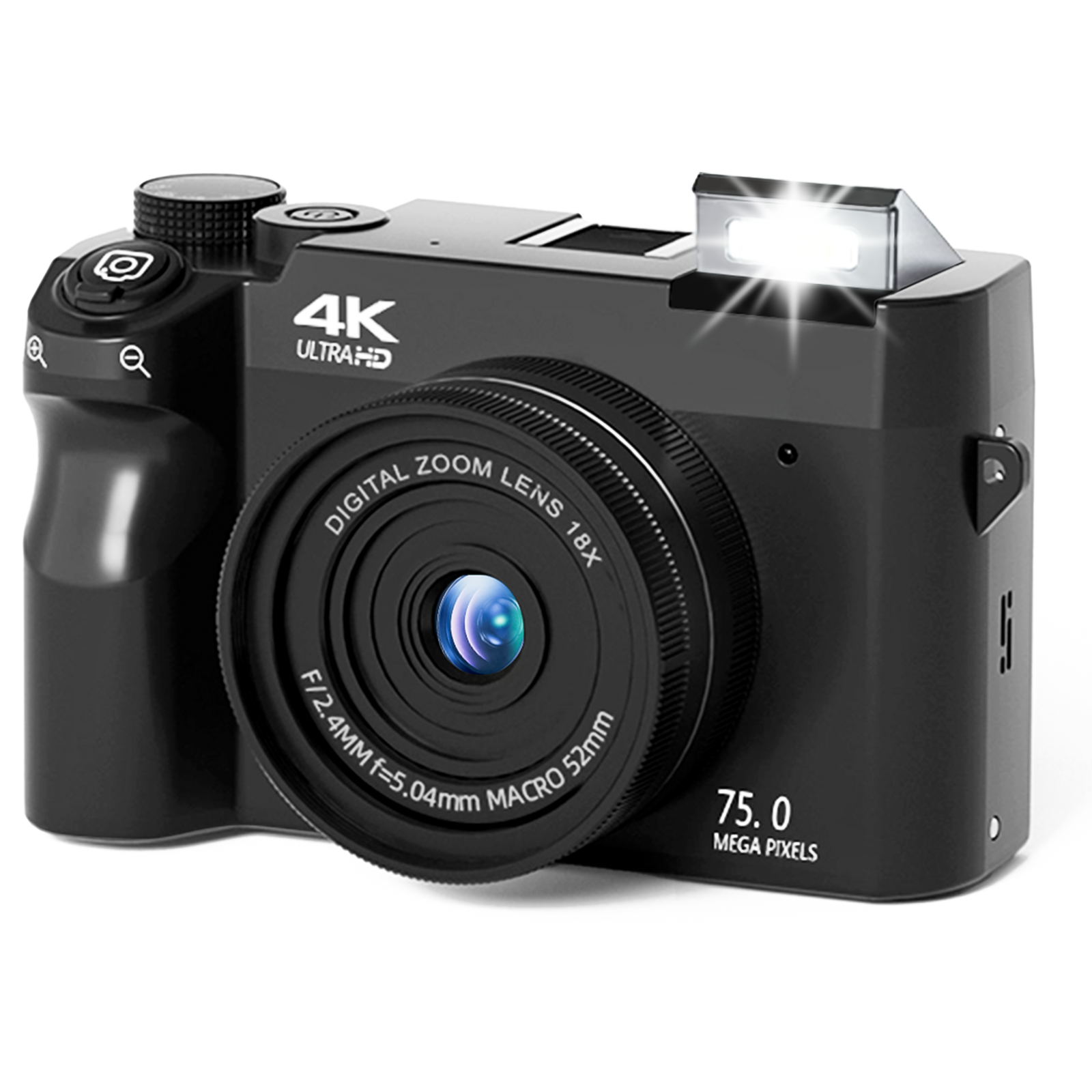 Black Aetheros Digital Camera with 4K Ultra HD and 75.0 mega pixels on a white background